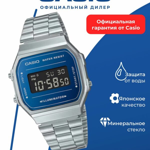 Японские наручные часы CASIO A-168WEM-2B Vintage, мужские, кварцевые, электронные, WR, синий/серебристый
