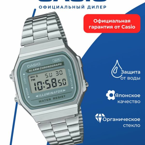 Японские наручные часы CASIO VINTAGE, A-168WA-3A, сталь, пластик, подсветка, секундомер